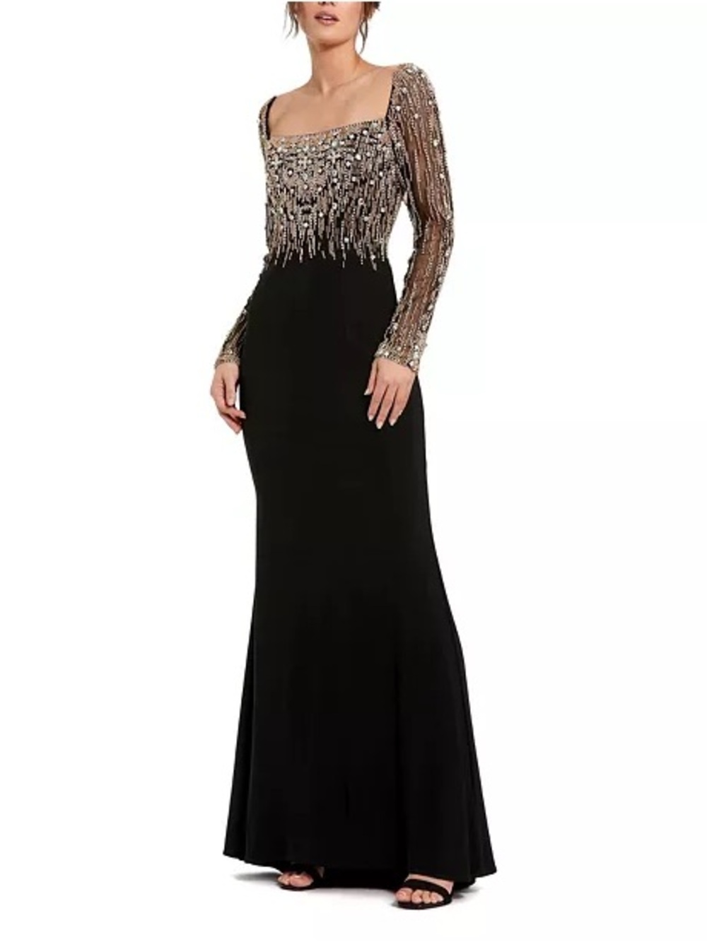 Max Duggal Beaded Embellished Square Neck Long Sleeve Jersey Gown